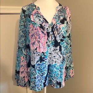 Lilly Pulitzer Elsa Top Blouse High Tide Navy Party in Paradise L silk